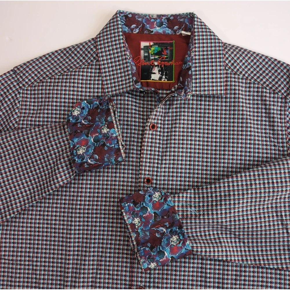 Robert Graham Long Sleeve Flip Cuff Shirt Mens L Classic Fit Check Floral